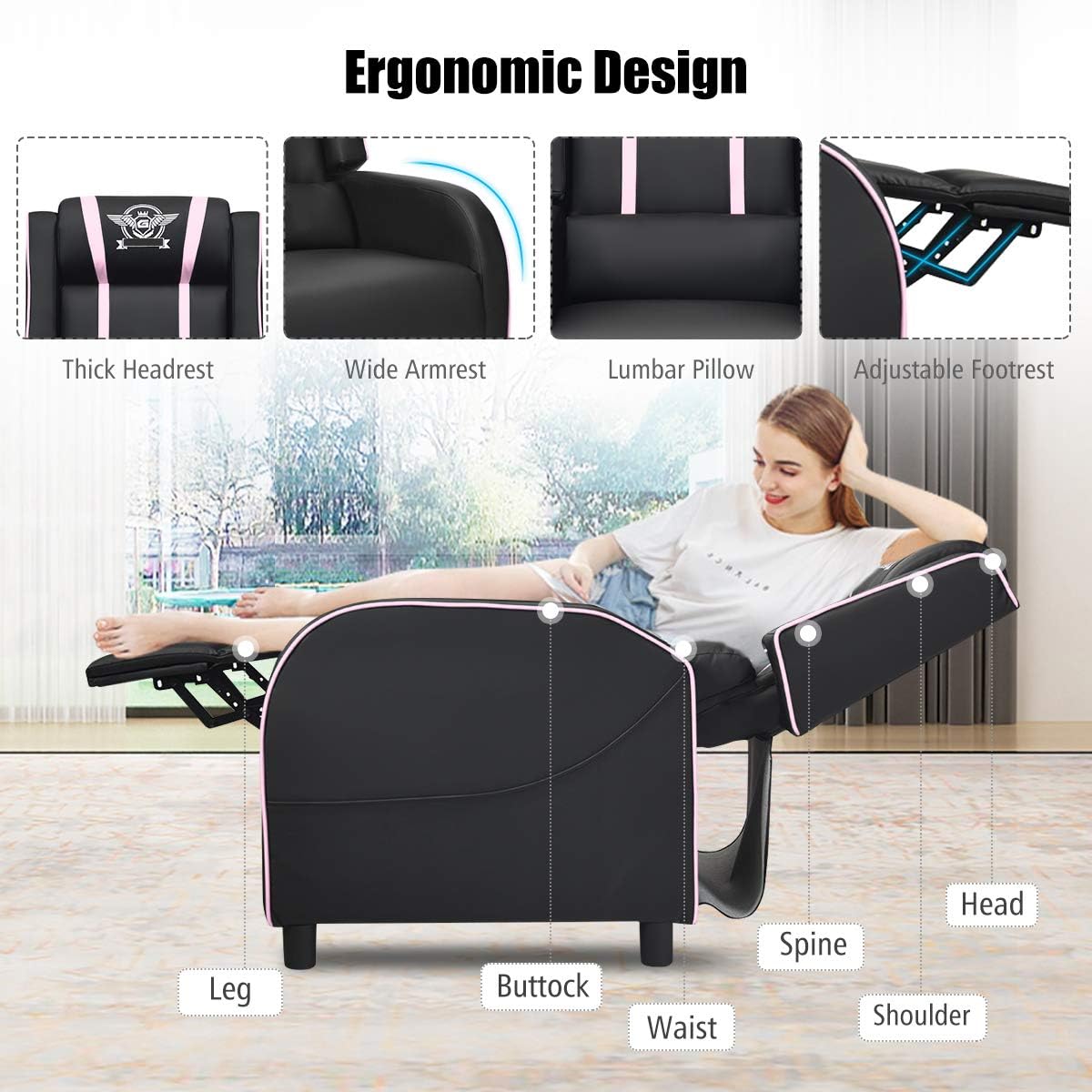 GORELAX Modern Massage Gaming Recliner Chair, PU Leather Home Theater Recliner Chairs w/Footrest and Massage, Racing Style Sofa Chair for Living Bedroom Gaming Room
