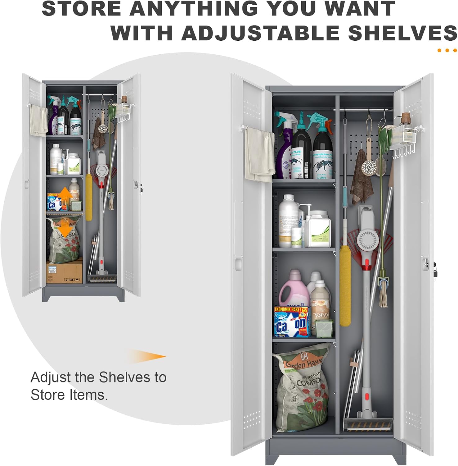 Broom Storage Cabinet, Metal Utility Storage Cabinet with Hanging Rail, 65' Tall Cleaning Tool Organizer with Shelves and Doors, for Home, Garage, Office, Balcony