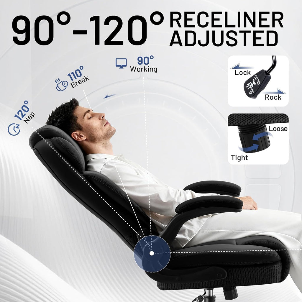 AreShark Ergonomic Office Chair with High Back Headrest,PU Leather Executive Desk Chair Padded Flip-Up Armrests,Lumbar Support,Swivel Computer Chair for Home Office & Gaming,Black