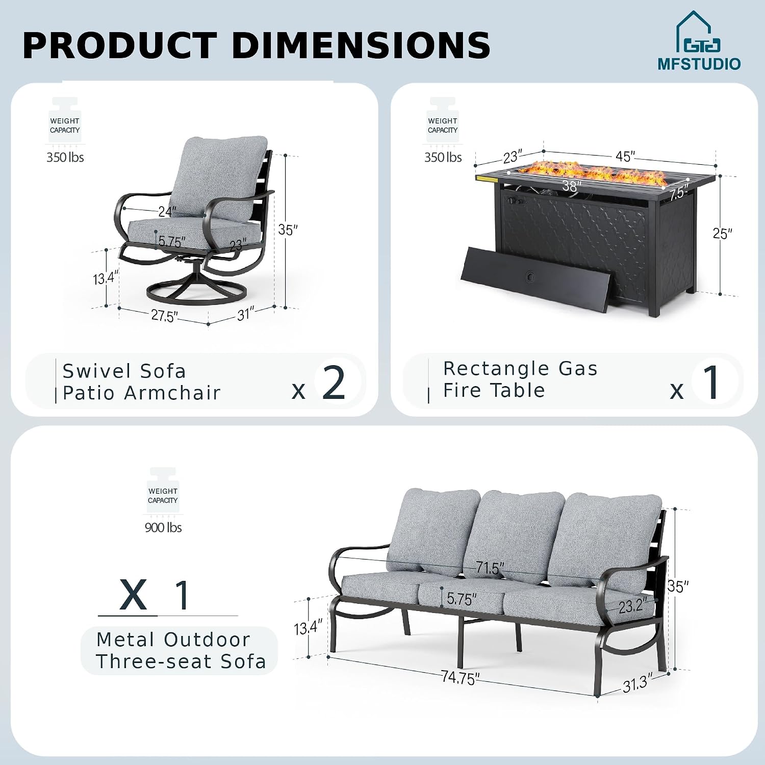 MFSTUDIO 4 Pieces Patio Conversation Sets, All Weather Metal Frame Outdoor Furniture Set Patio Sofas with 1 x 45 Rectangular Propane Fire Table, 1 x 3-Seat Sofa, 2 x Swivel Chairs, Grey Cushion