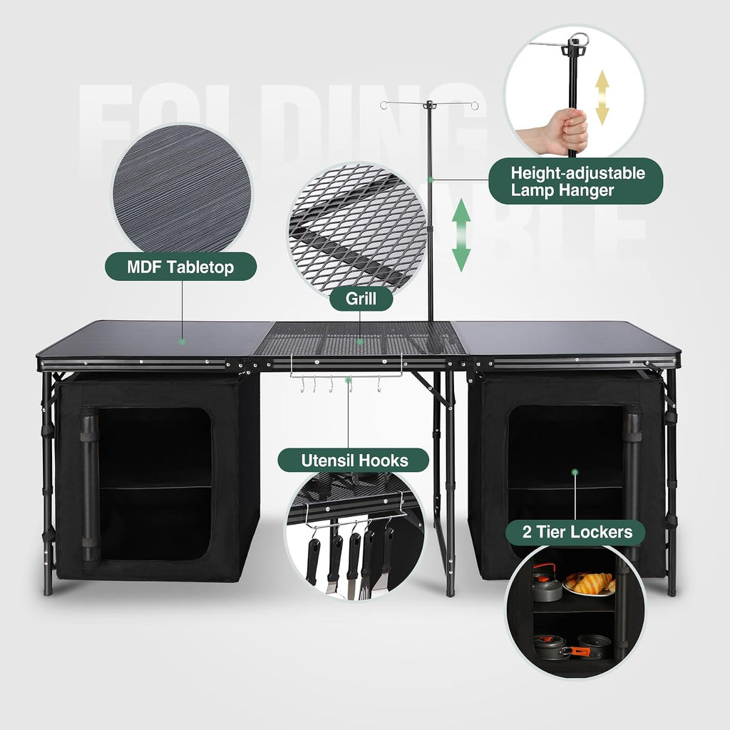 REDCAMP 6 ft Portable Camping Kitchen Table, Tri-fold Camping Grill Table Cook Station with Storage Organizer and Telescoping Light Stand for BBQ, Party and Picnic