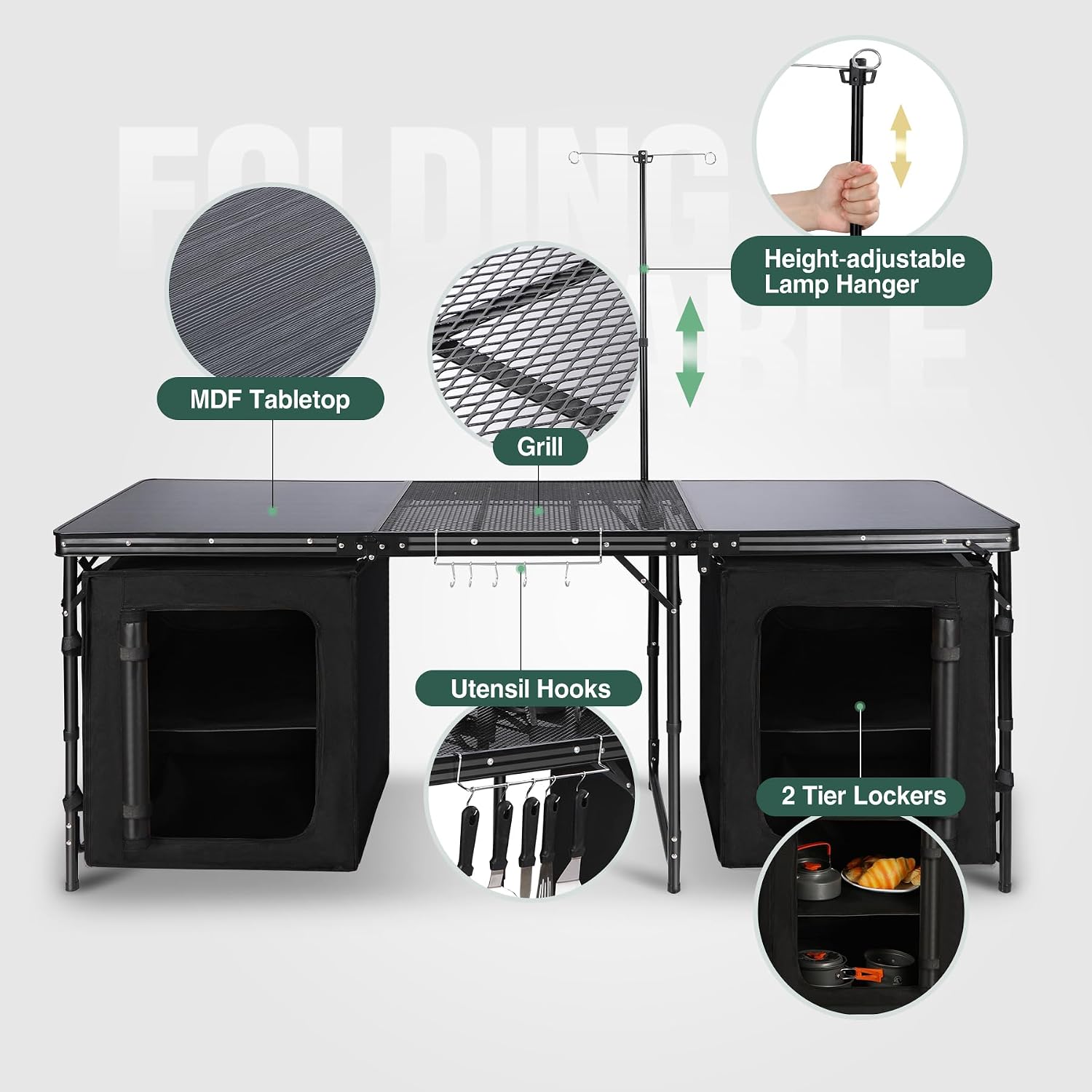 REDCAMP 6 ft Portable Camping Kitchen Table, Tri-fold Camping Grill Table Cook Station with Storage Organizer and Telescoping Light Stand for BBQ, Party and Picnic