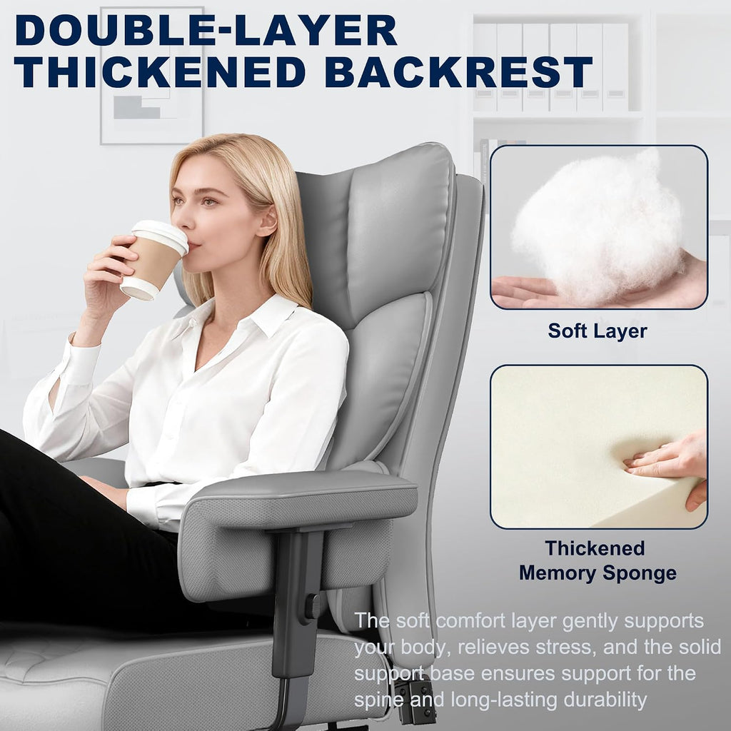 Misolant Big and Tall Office Chair with Footrest, High Back Executive Desk Chair with Adjustable Lift Armrest, 155°Recline，Lumbar Support Pillow, Faux Leather Gaming Chairs for Home or Office Gray