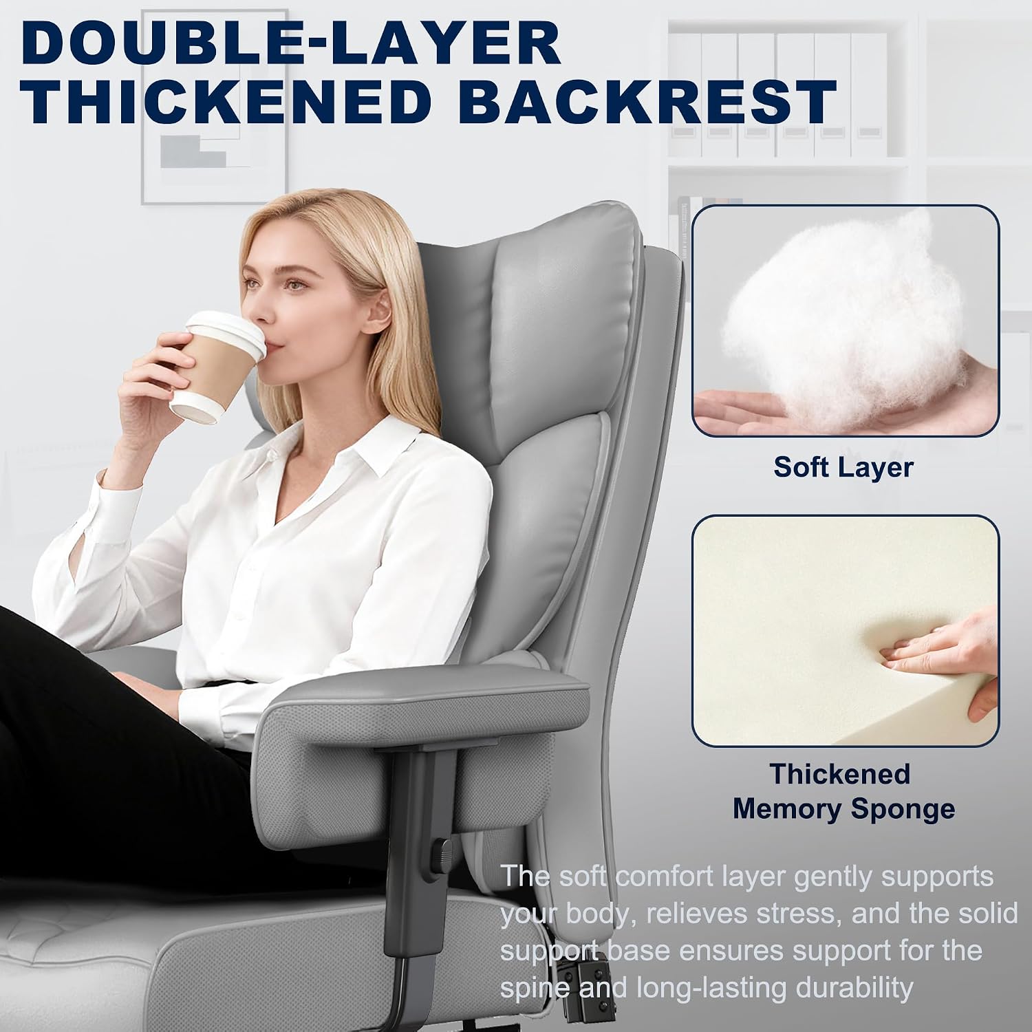Misolant Big and Tall Office Chair with Footrest, High Back Executive Desk Chair with Adjustable Lift Armrest, 155°Recline，Lumbar Support Pillow, Faux Leather Gaming Chairs for Home or Office Gray