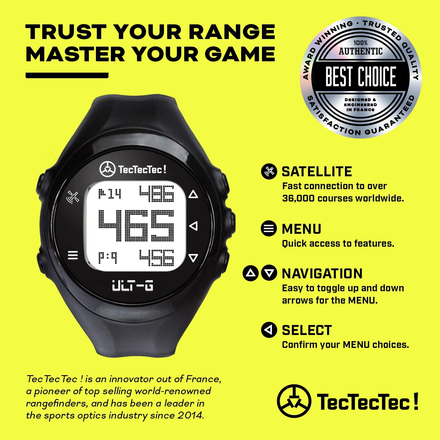 TecTecTec ULT-G Golf GPS Watch – Simple & Easy Distance Watch, No App Required on Course, Front/Back/Middle Distances, 38,000+ Courses Preloaded, Lightweight & Water-Resistant – Black