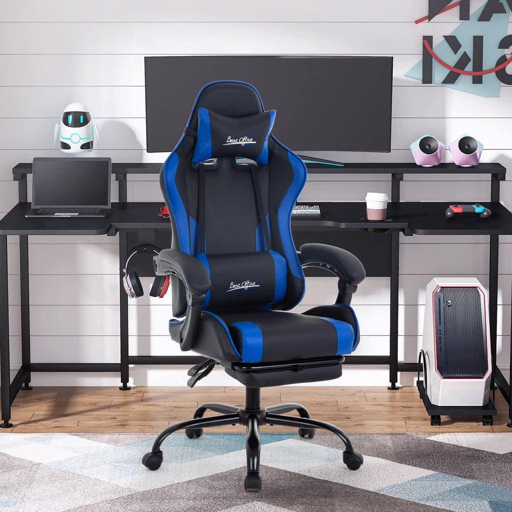 Gaming Chair Office Chair Desk Chair with Footrest Lumbar Support Headrest Armrest Task Rolling Swivel Ergonomic E-Sports Adjustable PC Gamer Chair (Blue)