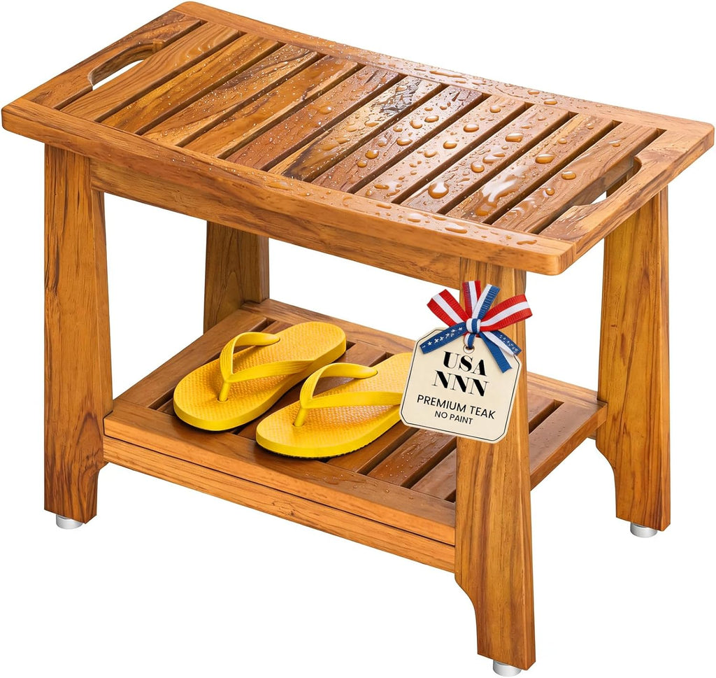 24' Large Teak Shower Bench with Shelf & Handle - Waterproof Spa Stool, Non-Slip Leveling Feet & 300 lbs Capacity - for Showers, Saunas/Steam Rooms & Outdoor Pools (Patented)