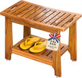 24' Large Teak Shower Bench with Shelf & Handle - Waterproof Spa Stool, Non-Slip Leveling Feet & 300 lbs Capacity - for Showers, Saunas/Steam Rooms & Outdoor Pools (Patented)