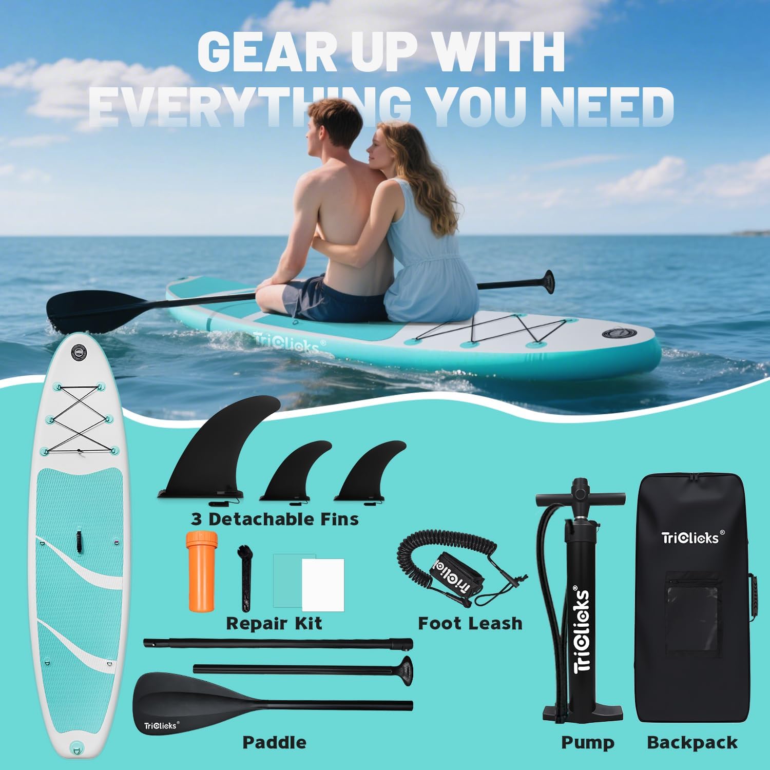 Triclicks Inflatable Stand Up Paddle Board 10ft Surfing Board Kit for Adults, Premium SUP Complete Kit with Adjustable Paddle Hand Pump Fin Leash Backpack