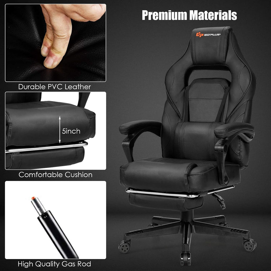 Goplus Massage Gaming Chair, Reclining Backrest, Seat Height Adjustment Racing Computer Office Chair with Footrest, Ergonomic High Back PU Swivel Game Chair (Black)