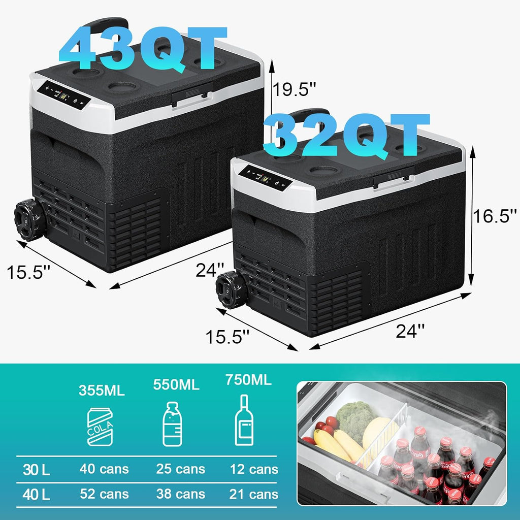 Erivess 12 Volt Portable Refrigerator, 32QT(30L) Electric Cooler, 12/24V DC & 110-240V AC, -4℉~68℉ Dual Mode Portable Freezer, 12V Car Fridge with Pull Rod & Wheels for Camping, Truck, RV, Boat
