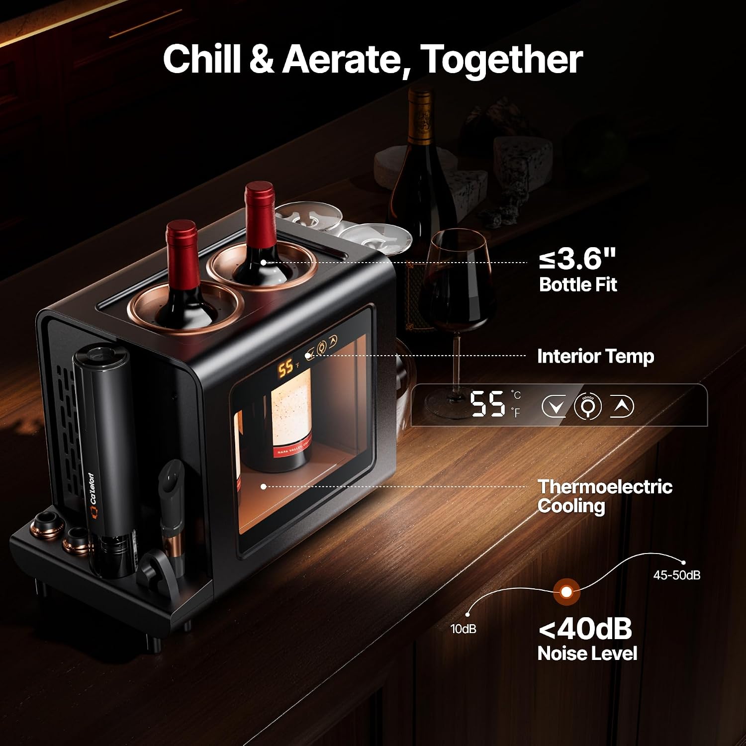 Ca'Lefort Electric Wine Chiller - 46-64°F Wine Cooler for 2 Standard Bottles (3.6' Dia.), All-in-1 Set Electric Opener & 2 Glasses, Perfect for Red, White, Champagne at Home/Office, Gift for Men Women