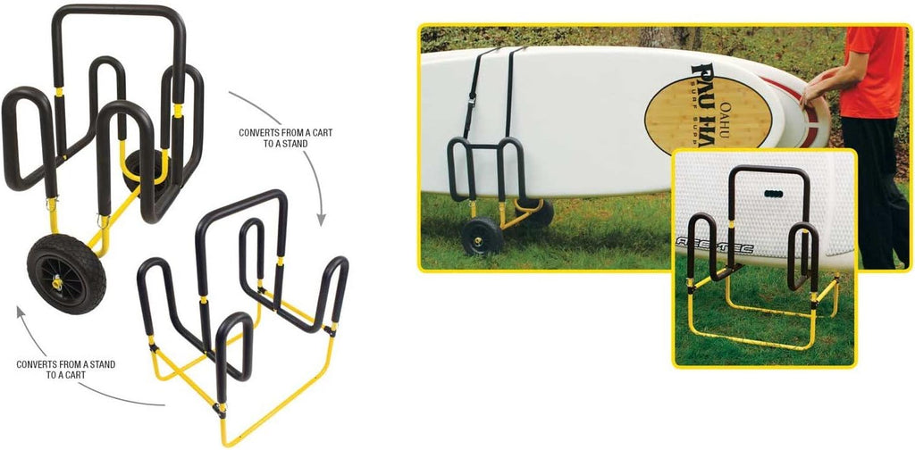 Suspenz Stand Up Paddle Board Surfboard Transport Cart & Stand, Double Trouble Carrier/Trolley Converts to a Stand for 2 SUPs & Surfboards, Yellow (22-9935)