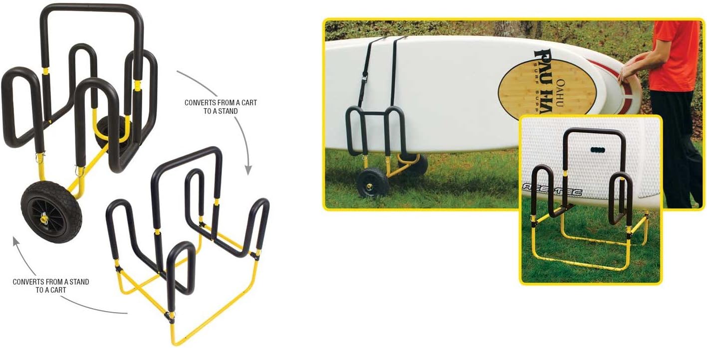 Suspenz Stand Up Paddle Board Surfboard Transport Cart & Stand, Double Trouble Carrier/Trolley Converts to a Stand for 2 SUPs & Surfboards, Yellow (22-9935)