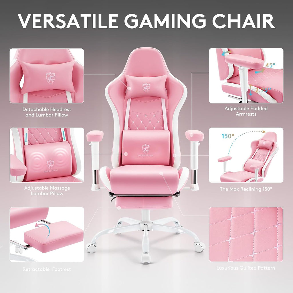 Gaming Chair,Computer Office Chair with Footrest,Massage Lumbar Support and Gel Pad,Ergonomic Reclining Leather Gamer Chair with Headrest,Adjustable Armrests and Spring Cushion Pink