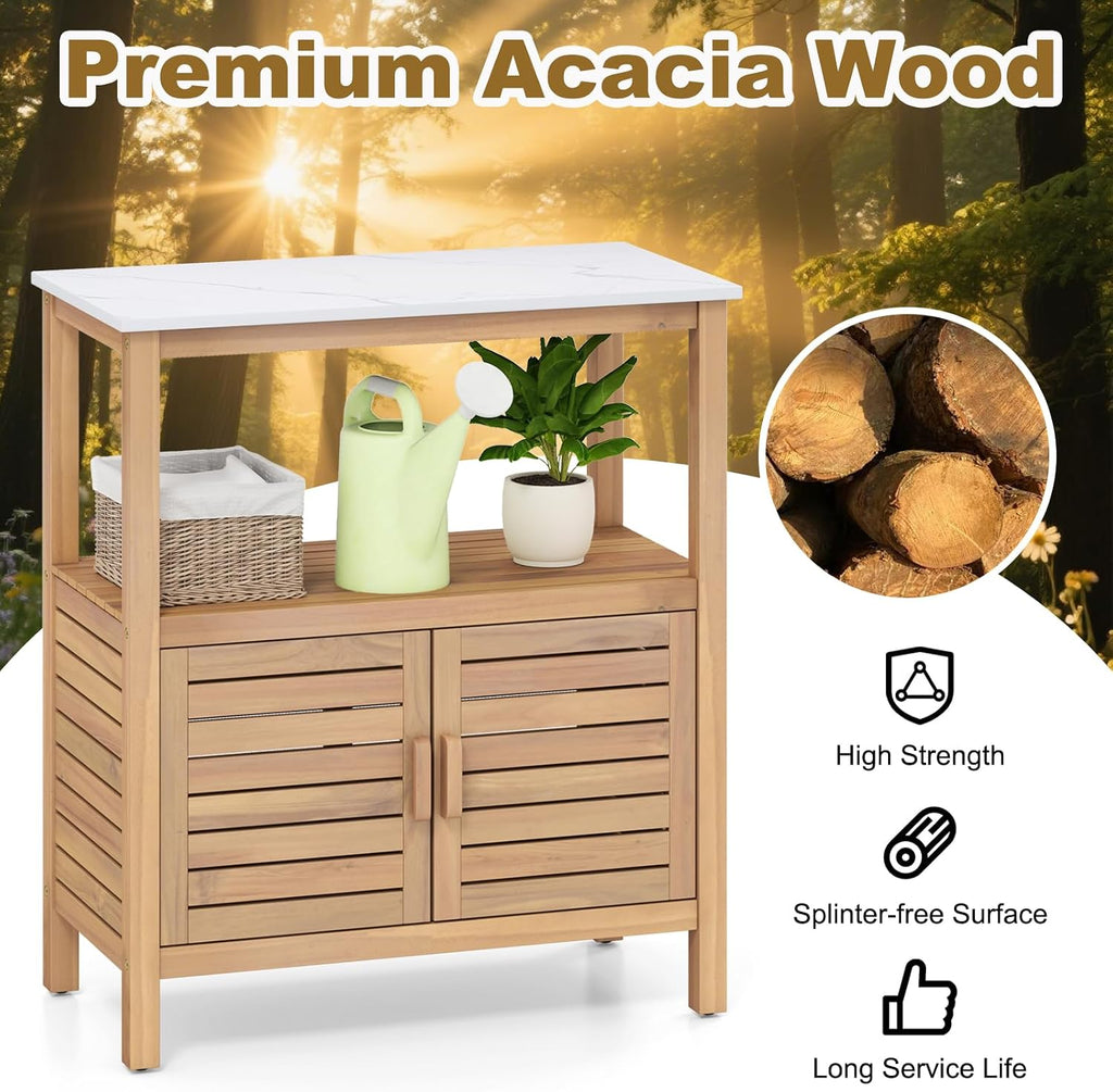 Giantex Outdoor Potting Bench, Acacia Wood Planting Workstation with 2-Door Storage Cabinet, Faux Marble Tabletop, Open Storage Shelves, Garden Potting Table for Horticulture