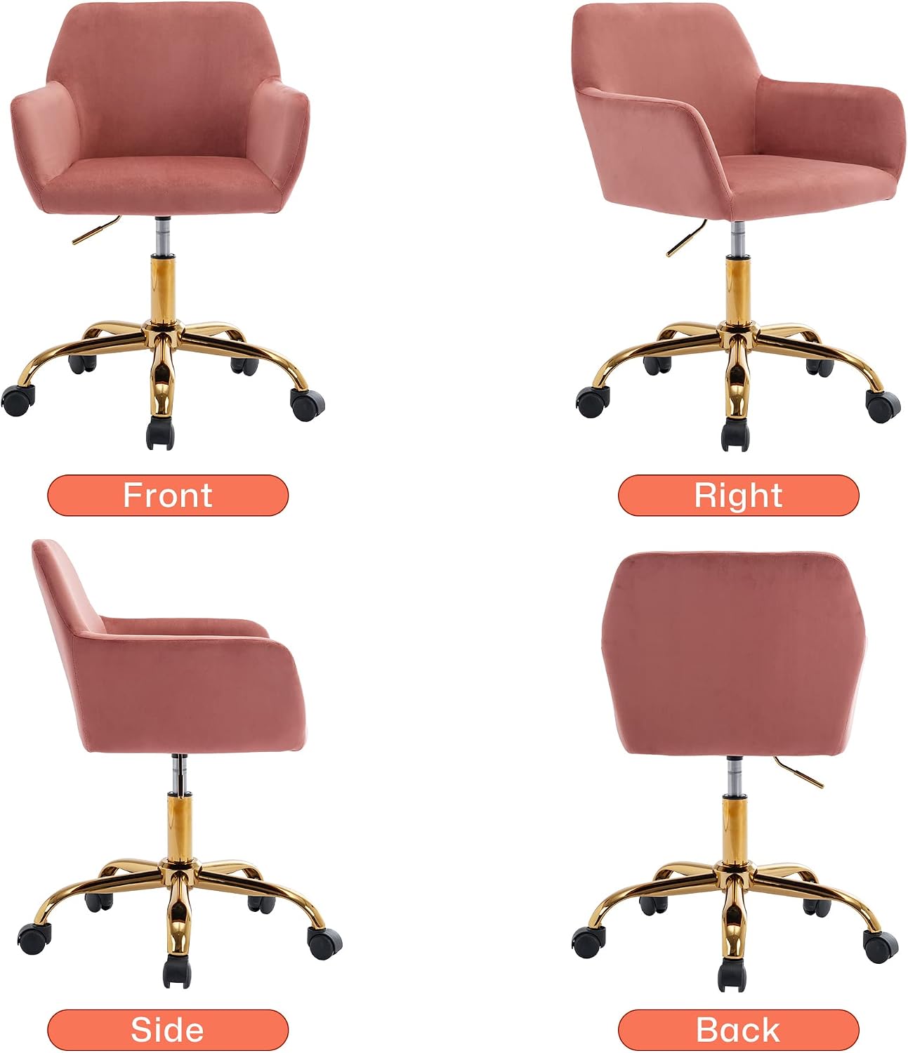 KCC Velvet Office Desk Chair, Comfy Swivel Modern Leisure Armchair with Wheels, Upholstered Comfy Velvet Fabric Makeup Chair Height Adjustable for Teens Women Girls Elegant Home Office, Rose