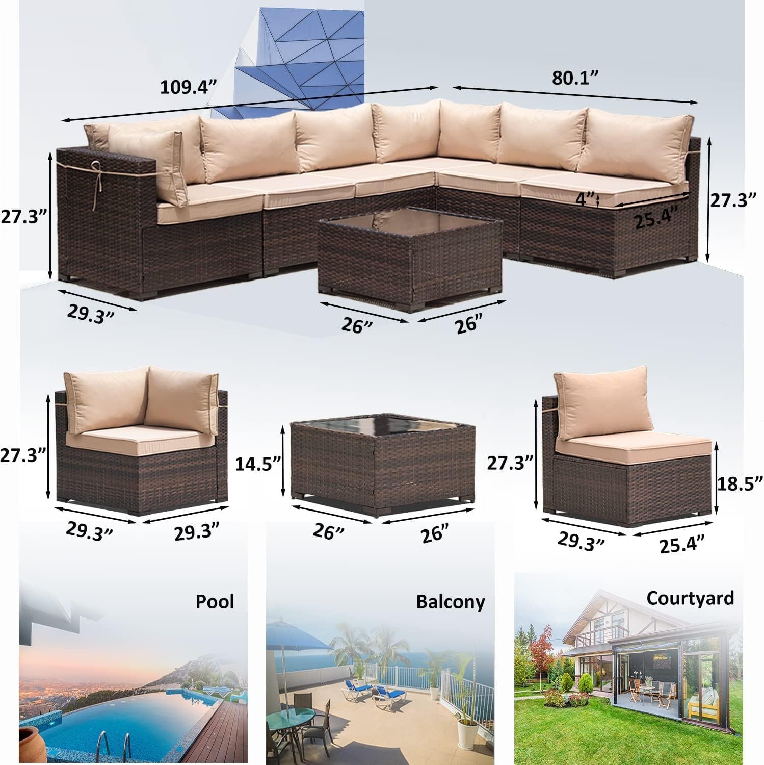 8 Pieces Outdoor Patio Furniture Sets w/55000 BTU Propane Fire Pit Table,Wicker Conversation Sofa,Includes 6 All-Weather High Back PE Rattan Seating Components w/Coffee Table&Gas Fire Pit,Sand