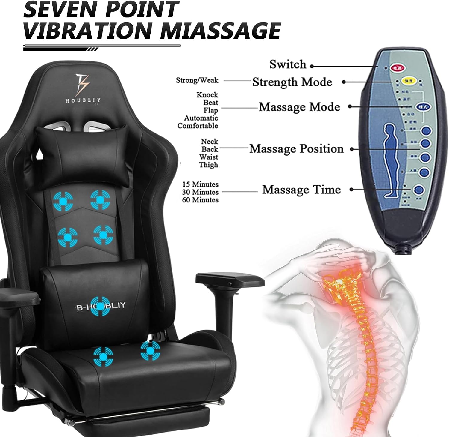 XOOFMASS Massage Gaming Chair with LED Light, Gaming Chair with Speakers, Office Chair with Footrest Ergonomic High Back PU Swivel Game Chair for Teens,Black