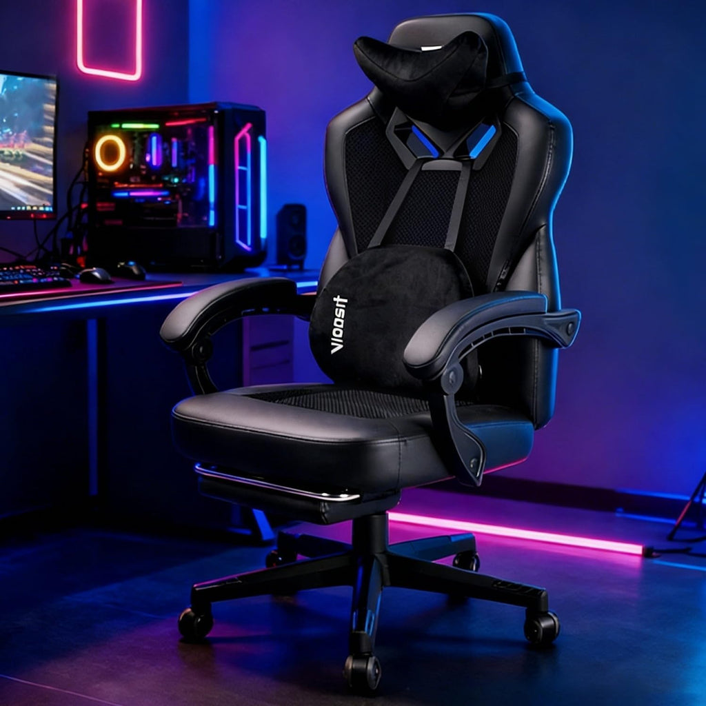 Vigosit Gaming Chair PRO, Ergonomic Gaming Chairs for Adults Heavy People, Massage Reclining Office Desk Computer Chair with Footrest and Lumbar Support, Big Tall Mesh Gamer Chair with Cushion (Black)