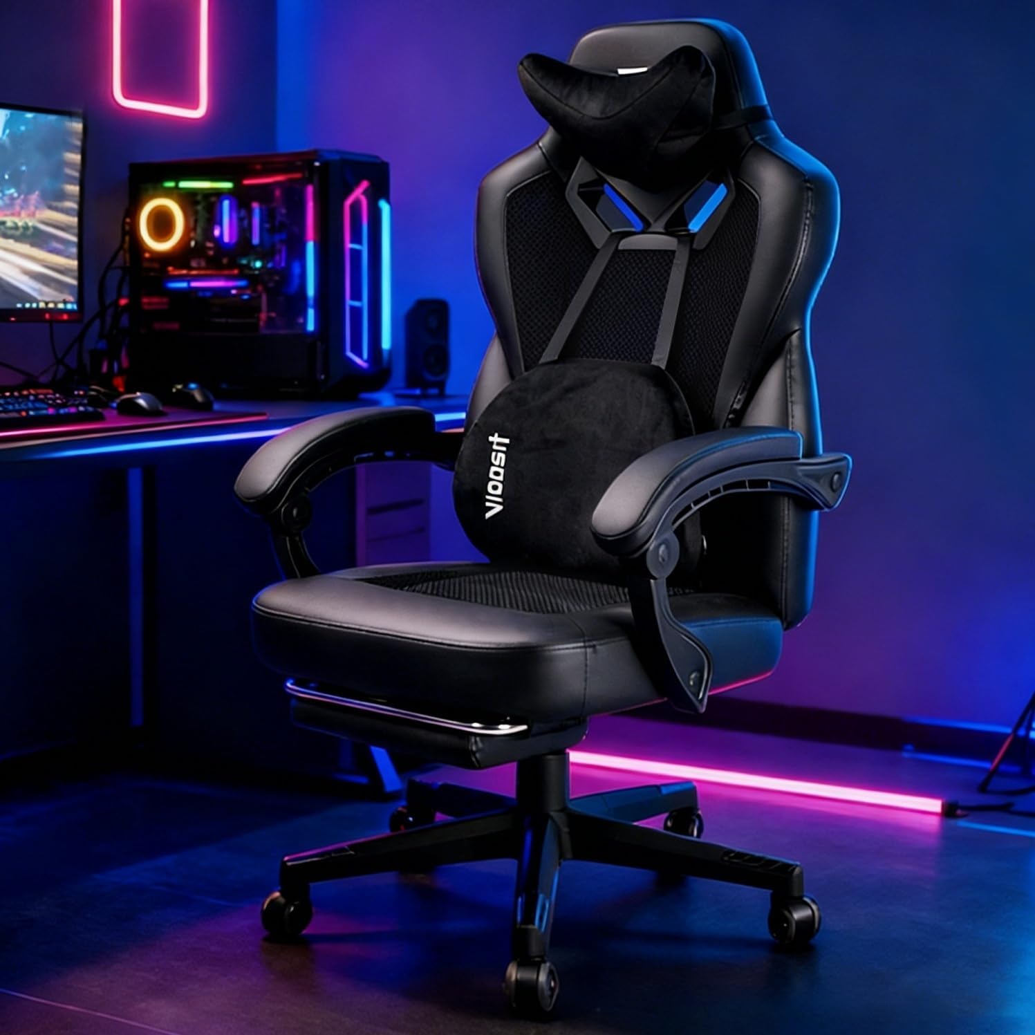 Vigosit Gaming Chair PRO, Ergonomic Gaming Chairs for Adults Heavy People, Massage Reclining Office Desk Computer Chair with Footrest and Lumbar Support, Big Tall Mesh Gamer Chair with Cushion (Black)