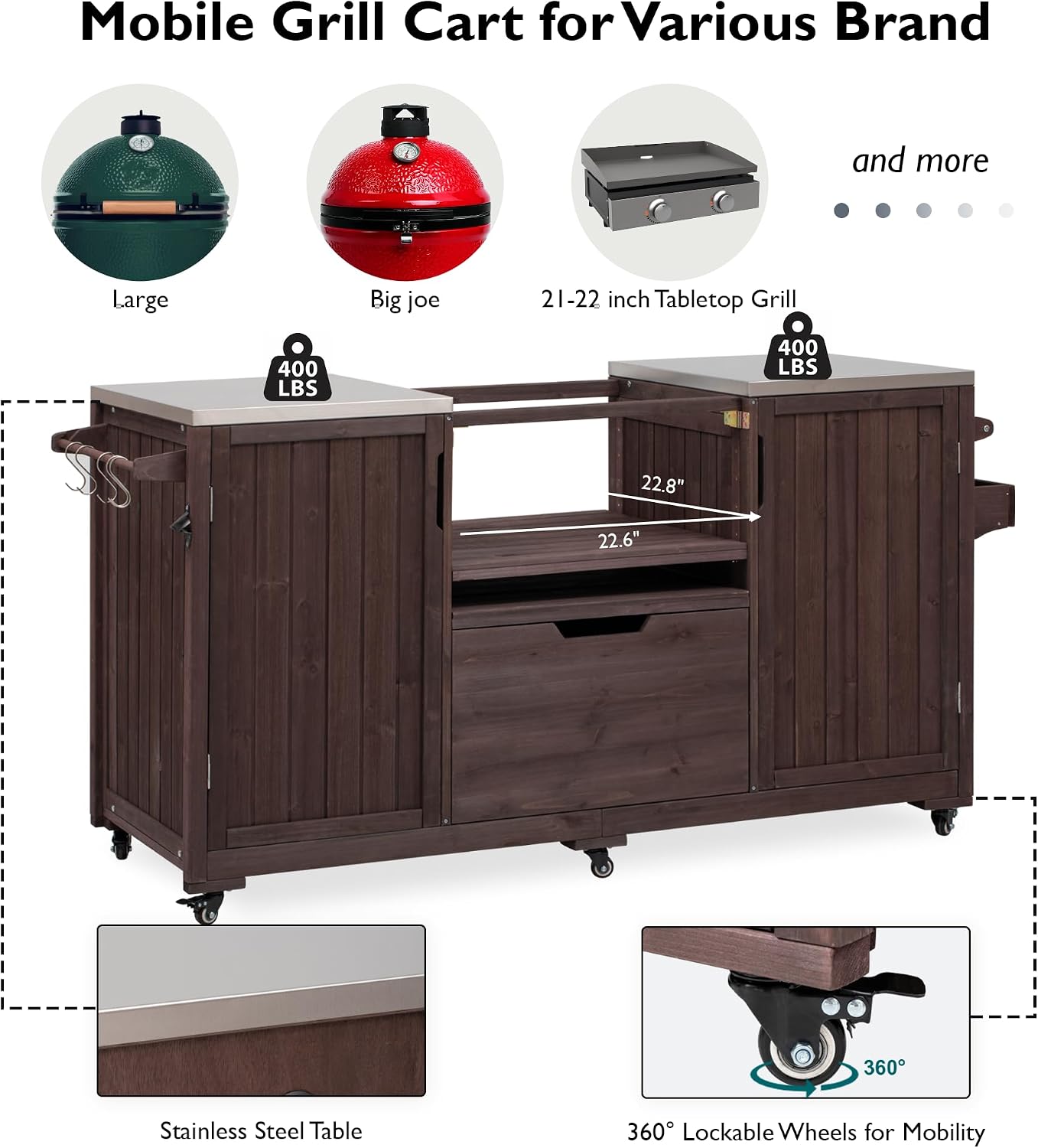 66.5' Large Outdoor Kitchen Island for Big Green Egg Grill, Outdoor Patio Bar Table with Stainless Steel Top and Adjustable Shelf, Rolling Grill Table Cart for Outside, Kitchen, BBQ, Dark Brown