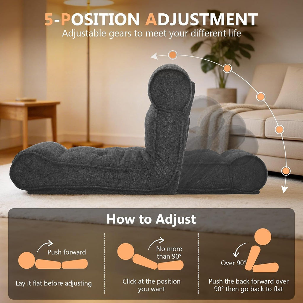 67'' Floor Chair with Back Support Meditation Chair Couch Recliner w Adjustable Backrest Lazy Floor Lounger Gaming Chair for Adults Sofa Bed Sleeper Chair Chaise Lounge Chair Indoor, Dark Gray