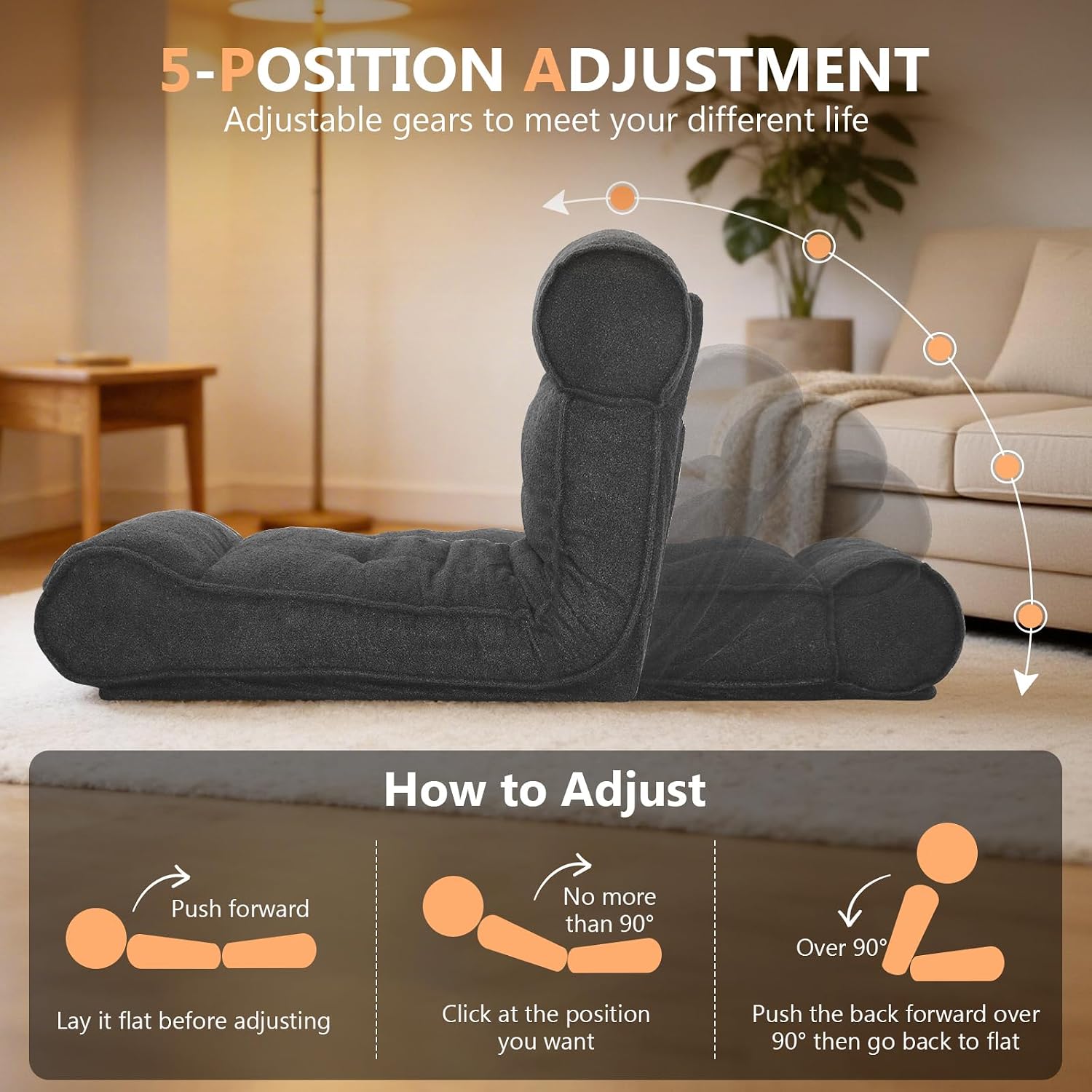 67'' Floor Chair with Back Support Meditation Chair Couch Recliner w Adjustable Backrest Lazy Floor Lounger Gaming Chair for Adults Sofa Bed Sleeper Chair Chaise Lounge Chair Indoor, Dark Gray