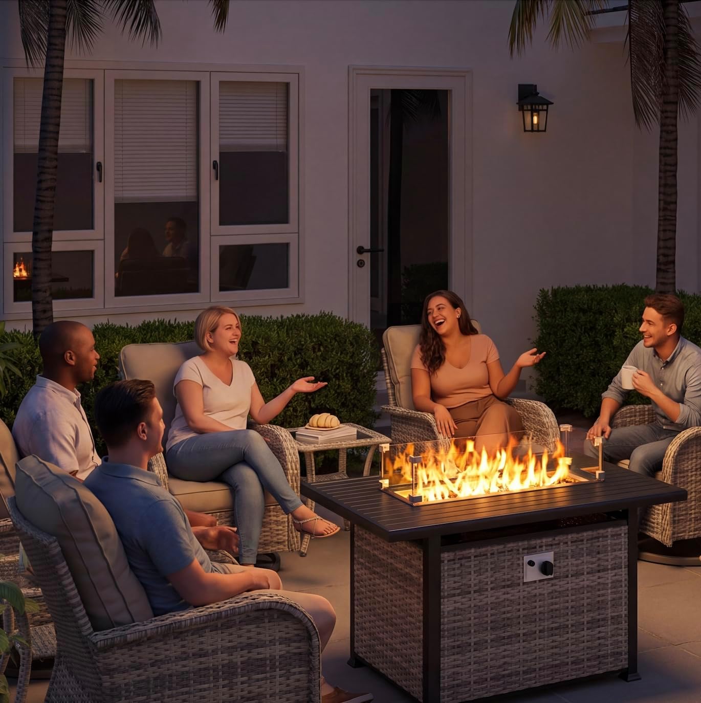 10Pcs Patio Rocking Swivel Chair with 55,000 BTU Fire Pit Table Outdoor Wicker Rattan Bistro Set with Tempered Glass Side Table, Outdoor Patio Furniture Set for Garden and Balcony, Blue