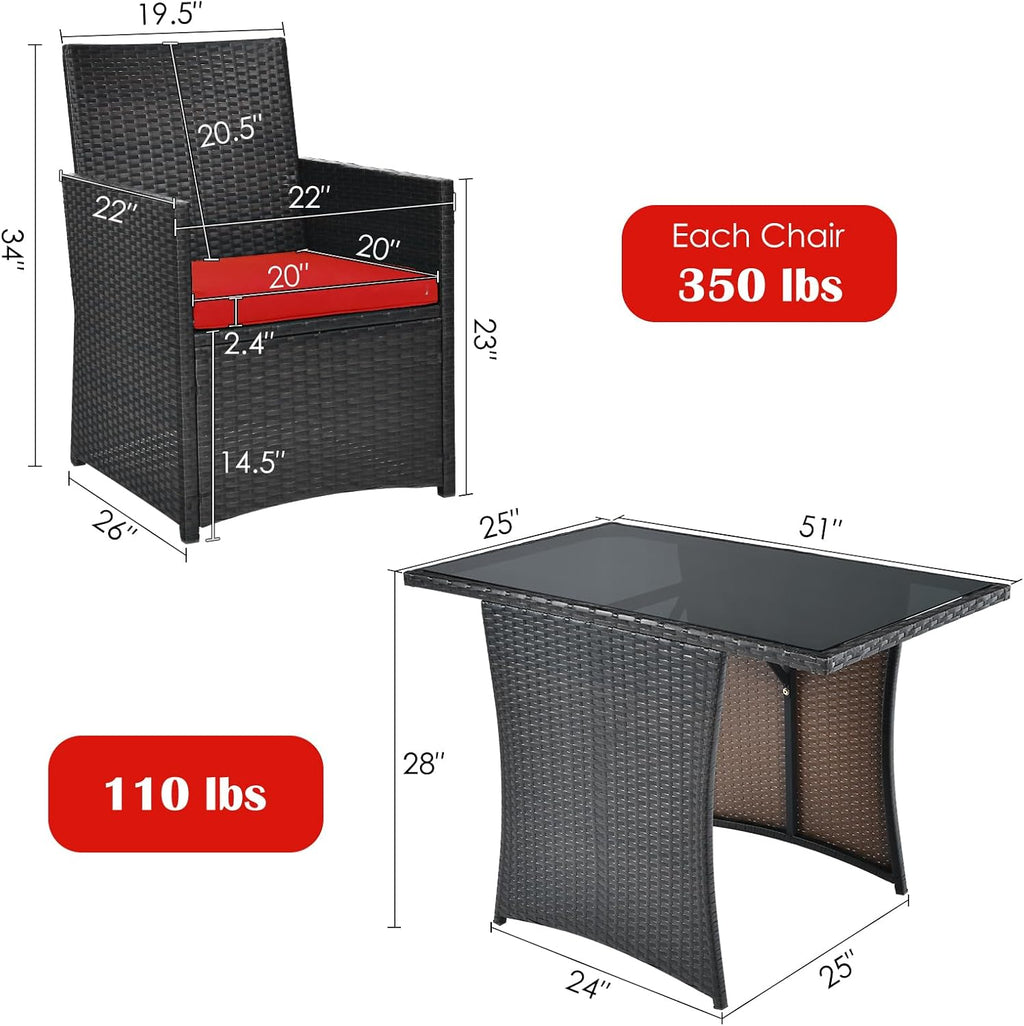 DORTALA Wicker Patio Bistro Set 3 Piece, Outdoor Table and Chairs with Tempered Glass Tabletop, Cushions, Small Rattan Furniture Conversation Sofa Set for Balcony, Porch, Backyard, Deck, Red