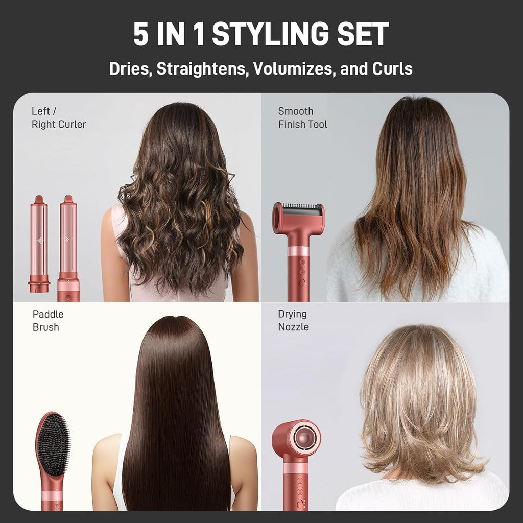 MESCOMB 5 in 1 High-Speed Hot Air Styler, Professional Frizz-Free Hair Dryer Brush, Fast Drying, No Heat Damage Air Styler Wrap for Curl, Volumize, Straighten, Includes Travel Bag (Hot Pink)