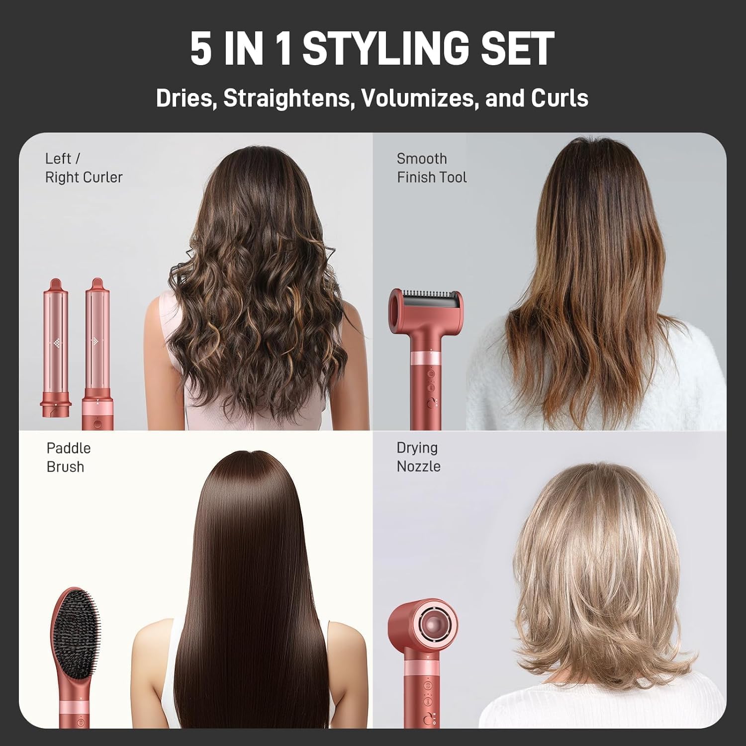 MESCOMB 5 in 1 High-Speed Hot Air Styler, Professional Frizz-Free Hair Dryer Brush, Fast Drying, No Heat Damage Air Styler Wrap for Curl, Volumize, Straighten, Includes Travel Bag (Hot Pink)
