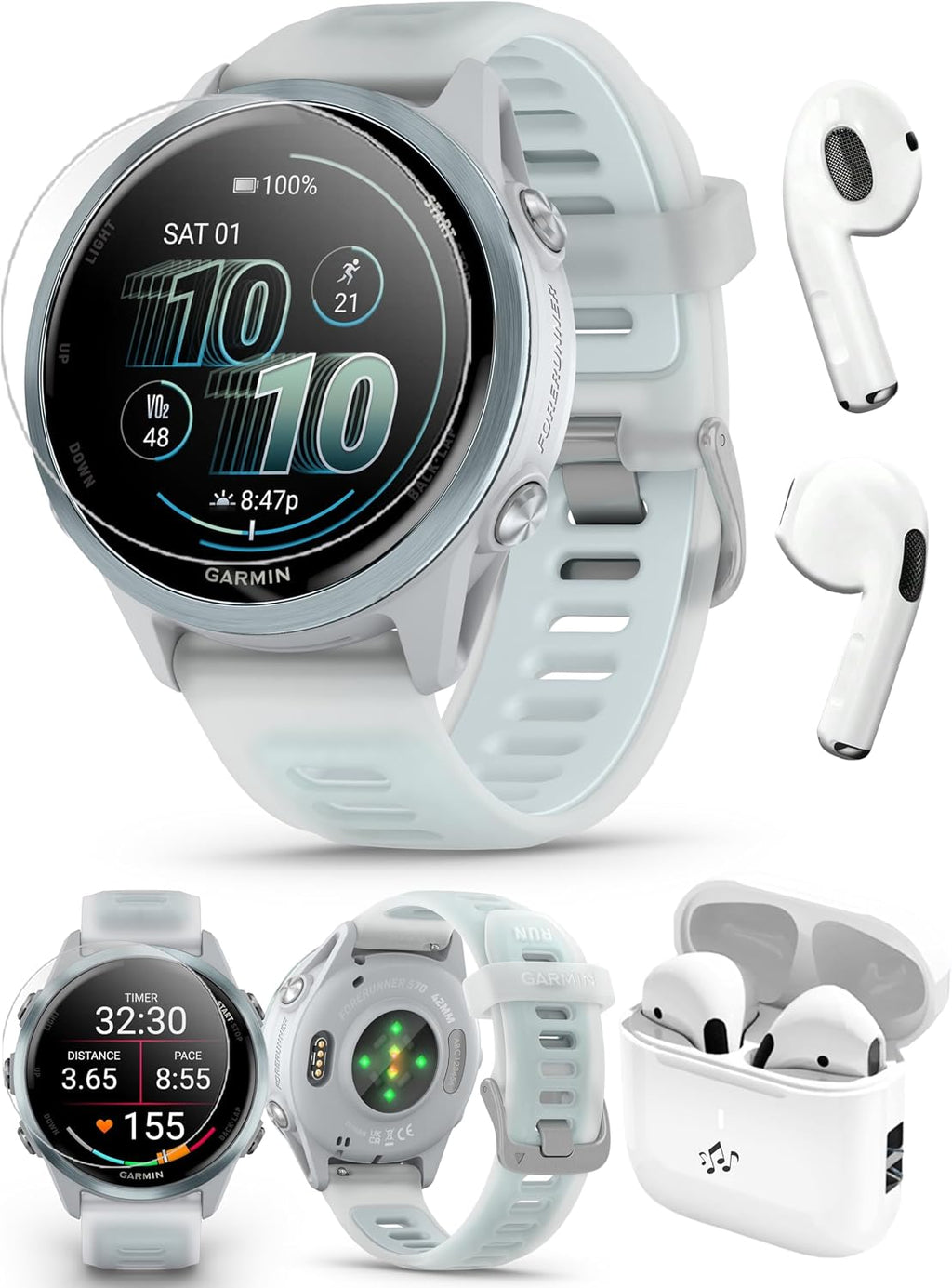 PlayBetter Garmin Forerunner 570 (42mm, Cloud Blue/Translucent Whitestone) Advanced GPS Running and Triathlon Smartwatch Bundle HD Screen Protectors & Wireless Earbuds