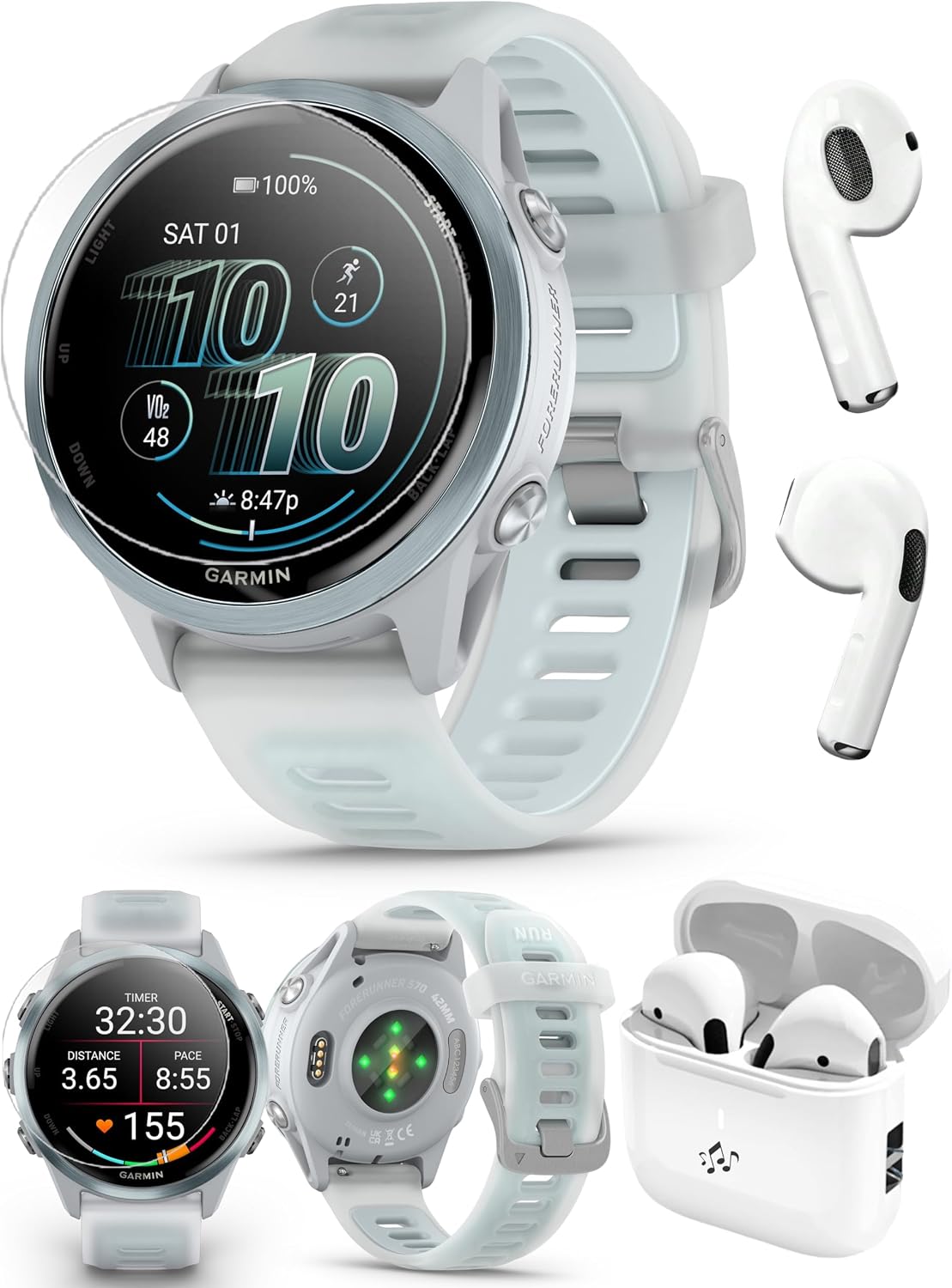 PlayBetter Garmin Forerunner 570 (42mm, Cloud Blue/Translucent Whitestone) Advanced GPS Running and Triathlon Smartwatch Bundle HD Screen Protectors & Wireless Earbuds