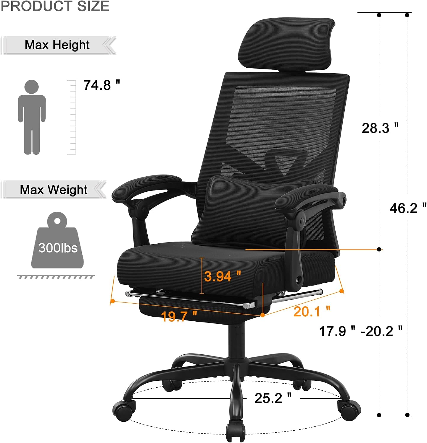 Qulomvs Ergonomic Office Chair with Footrest Home Office Desk Chair with Headrest and Backrest Adjustable Mesh Computer Desk Chair with Wheels 360 Swivel Task Chair