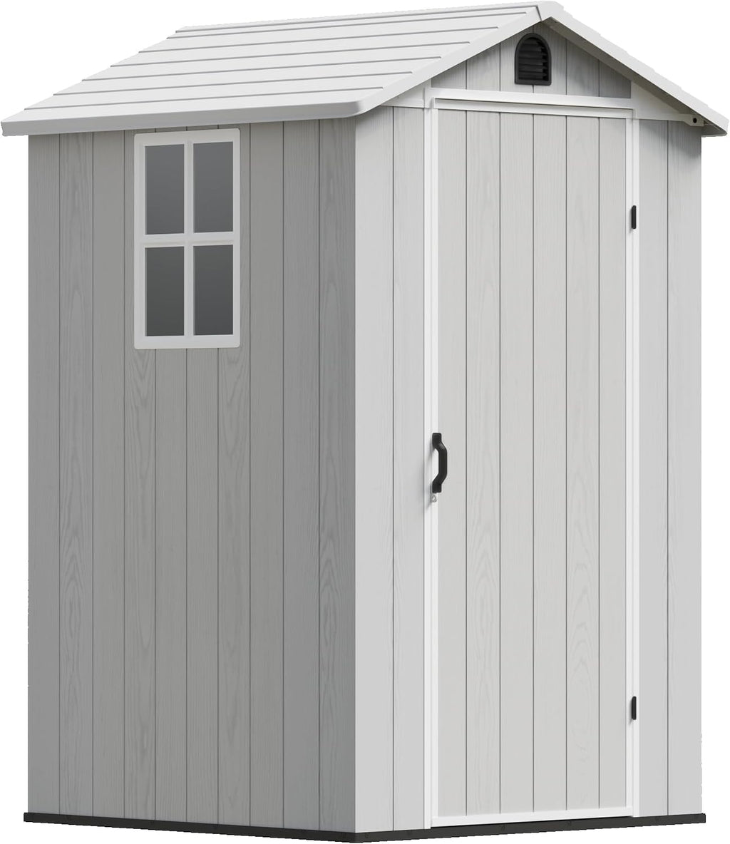 Devoko 4×4 FT Resin Storage Shed with Floor, Plastic Outdoor Garden Shed with Windows and Lockable Doors, Waterproof Outside Tool Sheds for Patio Backyard Lawn, Light Gray