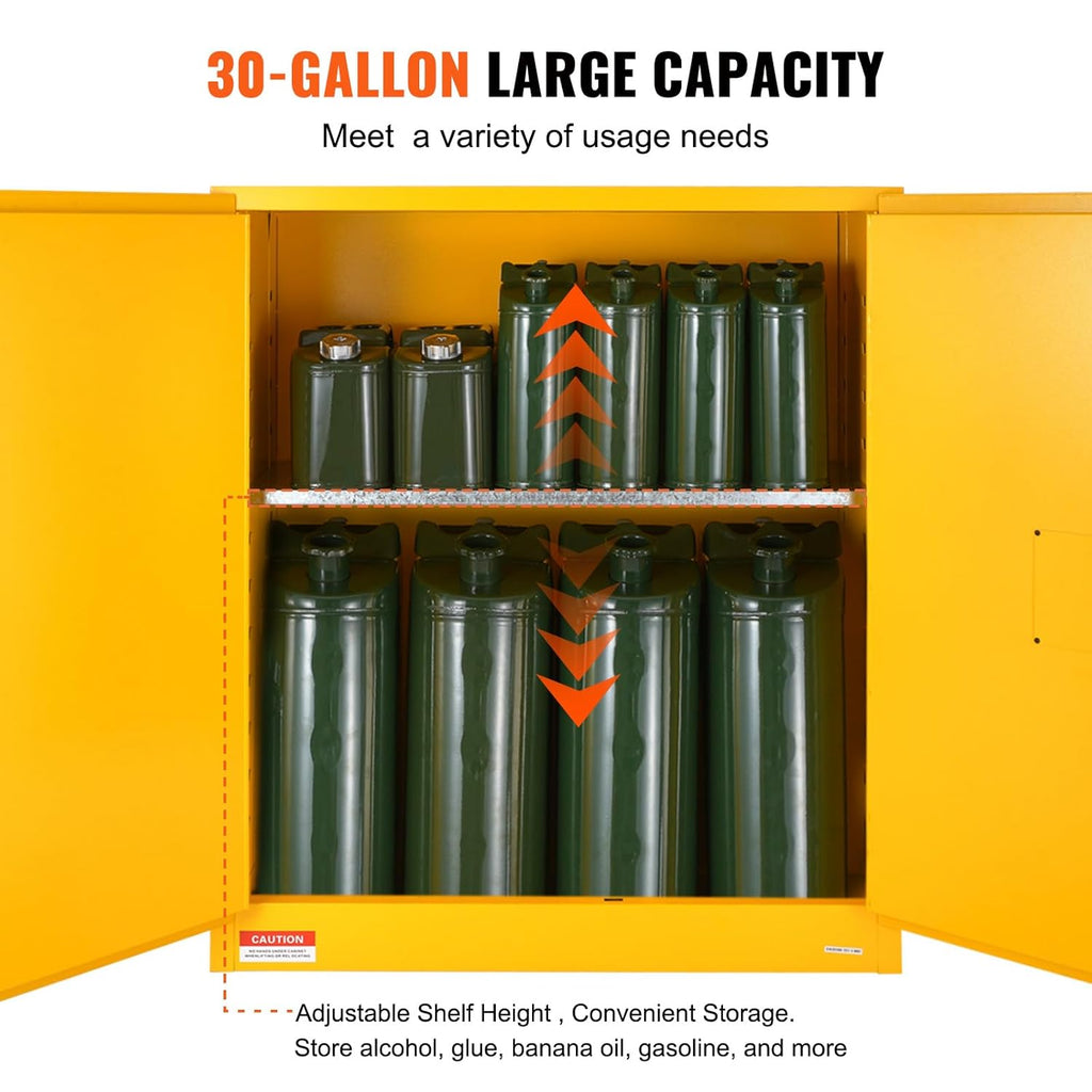 VEVOR Flammable Safety Cabinet 43.1 x 18.1 x 50.1, Cold-Rolled Steel Flammable Liquid Storage Cabinet 34 Gal with 2 Adjustable Shelves/2 Manual Closing Doors for Industrial Use, Yellow