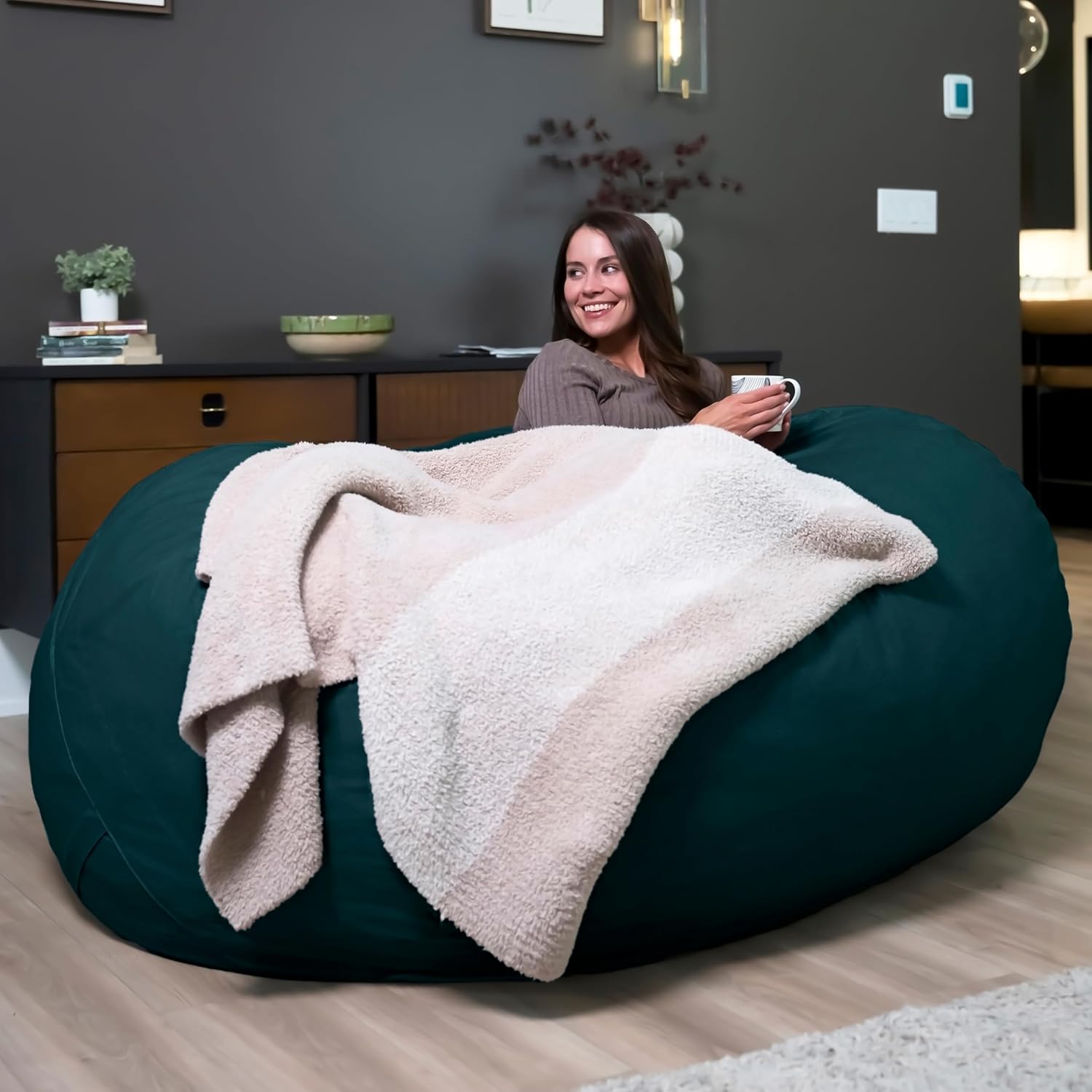 Big Joe Fuf 7Ft Giant Foam Bean Bag Chair, Oversized Couch with Removable Cover for Kids, Teens, Adults, Deep Sea Velveteen, Durable Woven Polyester, 7 Foot