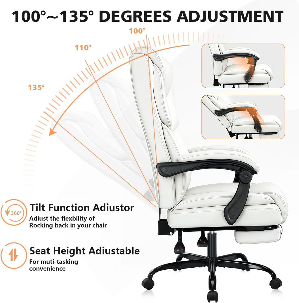 WAILOR 400lbs Office Chair with Foot Rest, Reclining Big and Tall Office Chair with Lumbar Support, High Back PU Leather Computer Chair,Comfy Desk Chair for Home Office (Casual) (White)