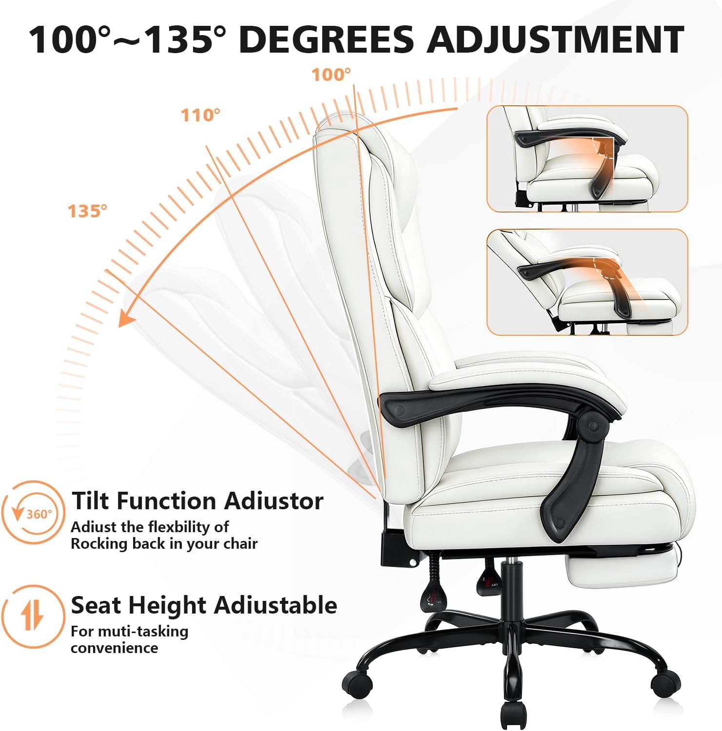 WAILOR 400lbs Office Chair with Foot Rest, Reclining Big and Tall Office Chair with Lumbar Support, High Back PU Leather Computer Chair,Comfy Desk Chair for Home Office (Casual) (White)