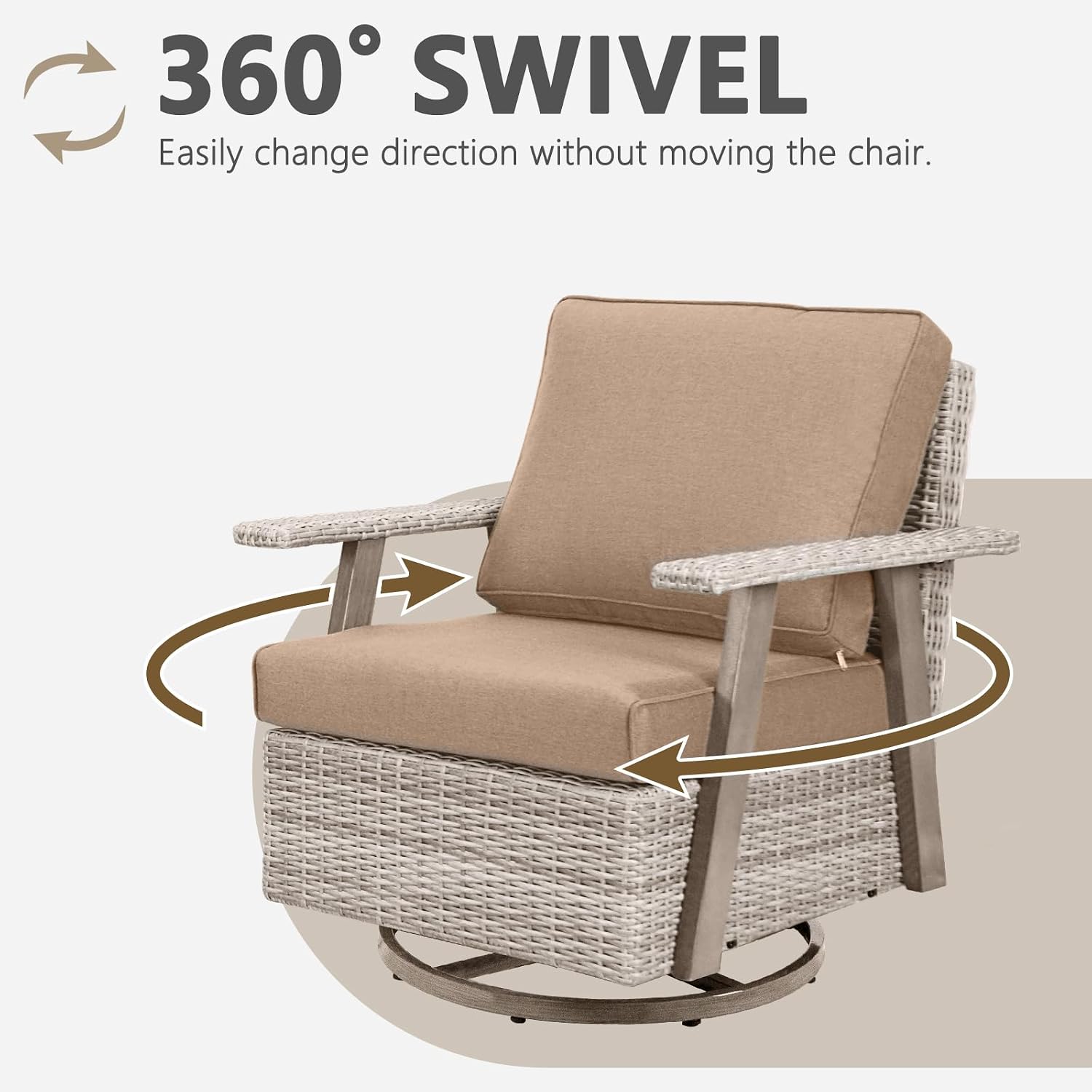 3 Pieces Outdoor Patio Furniture Set with Swivel Rocking, PE Wicker Outdoor Swivel Chairs Set of 2 with Side Table, Oversized Patio Rocking Chairs Set for Porch, Balcony, Deck, Backyard(Camel)