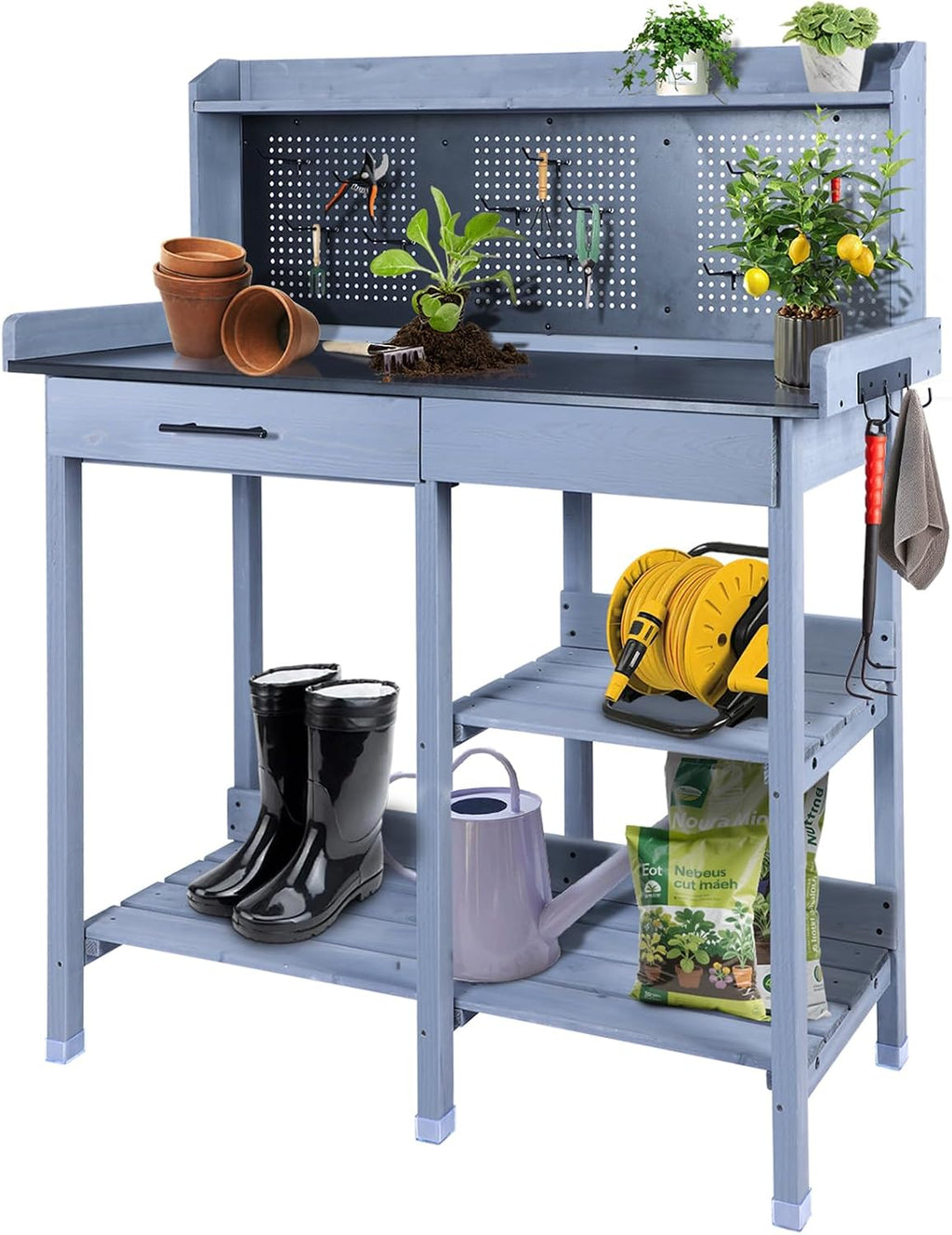 Outdoor Potting Bench Table,Garden Work Bench Metal Tabletop Horticulture with Shelf Rack Wooden Potting Benches for Outside with Holey Board/Hooks/Pads/Drawer/Adjustable and Cabinet,Gray