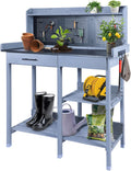 Outdoor Potting Bench Table,Garden Work Bench Metal Tabletop Horticulture with Shelf Rack Wooden Potting Benches for Outside with Holey Board/Hooks/Pads/Drawer/Adjustable and Cabinet,Gray