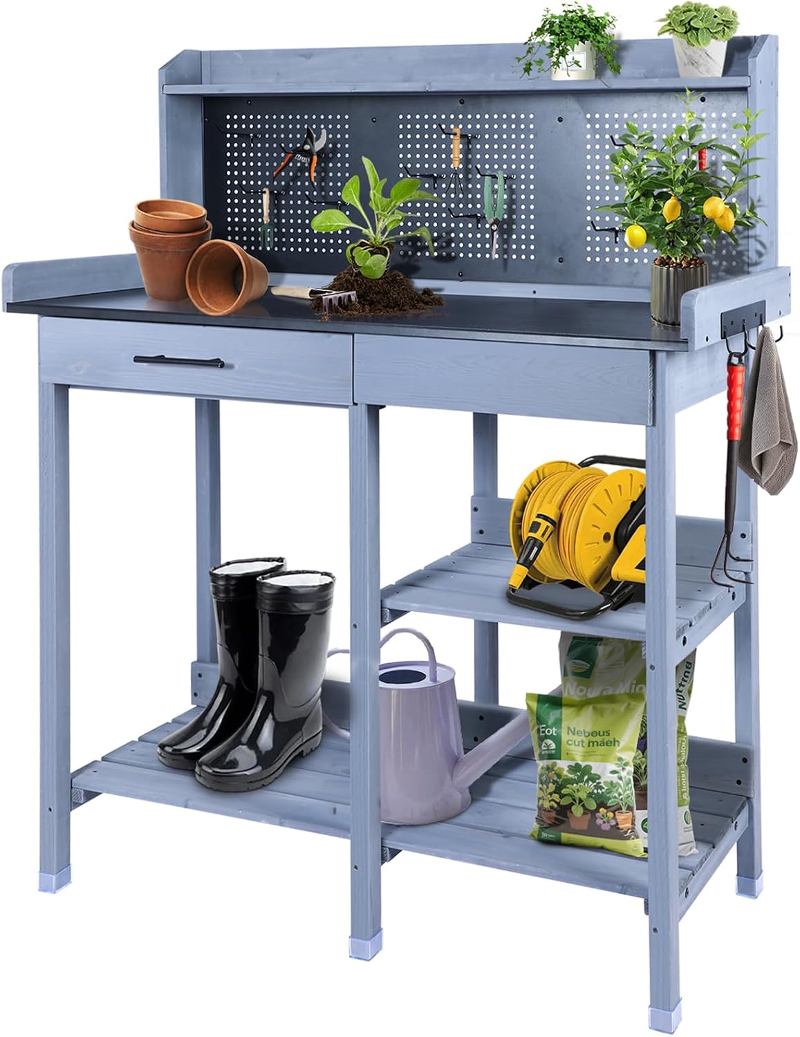 Outdoor Potting Bench Table,Garden Work Bench Metal Tabletop Horticulture with Shelf Rack Wooden Potting Benches for Outside with Holey Board/Hooks/Pads/Drawer/Adjustable and Cabinet,Gray