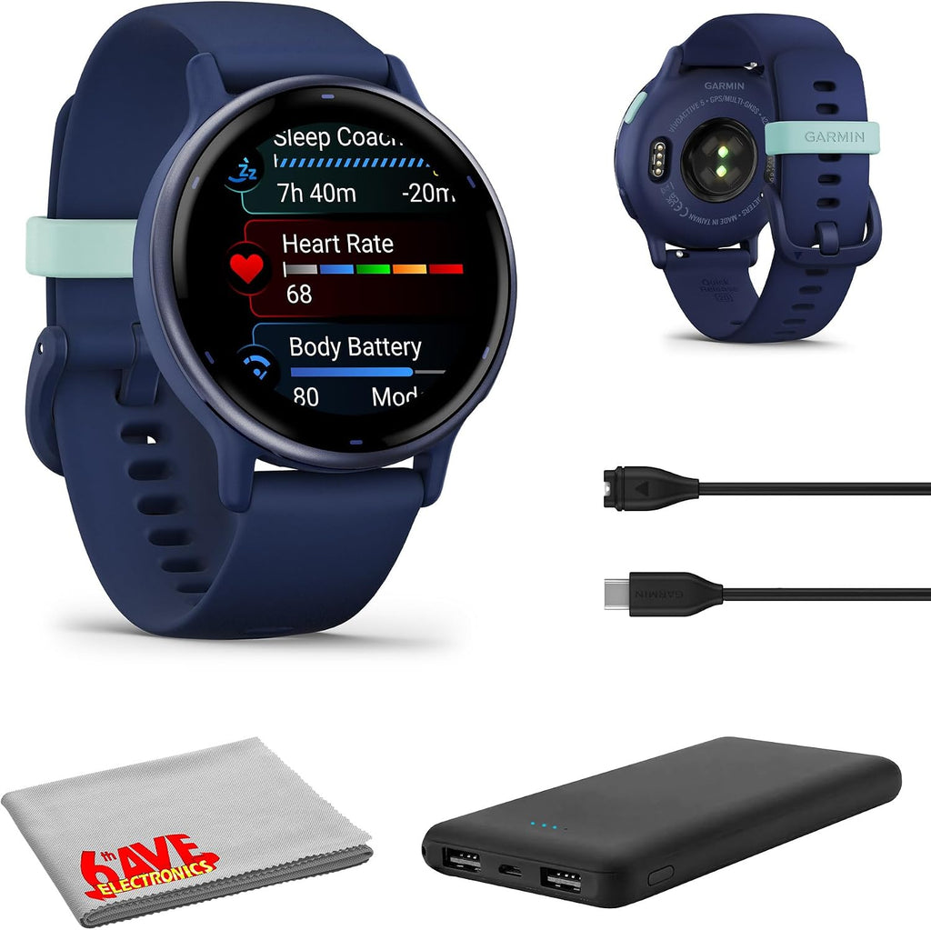 Garmin Vivoactive 5, Health and Fitness GPS Smartwatch for Men and Women, Metallic Navy Bezel w/Navy Case and Silicone Band, 1.2' AMOLED Touchscreen Display, 11 Days Battery Life (Bundle)