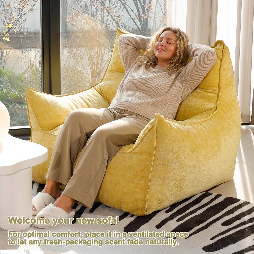 Oversized Fluffy Bean Bag Chair for Adults – Giant Cozy Bean Bag Sofa Chair with Armrests, Handle & Non-Slip Base for Your Reading Nook, Bedroom or Living Room(Yellow-XL)