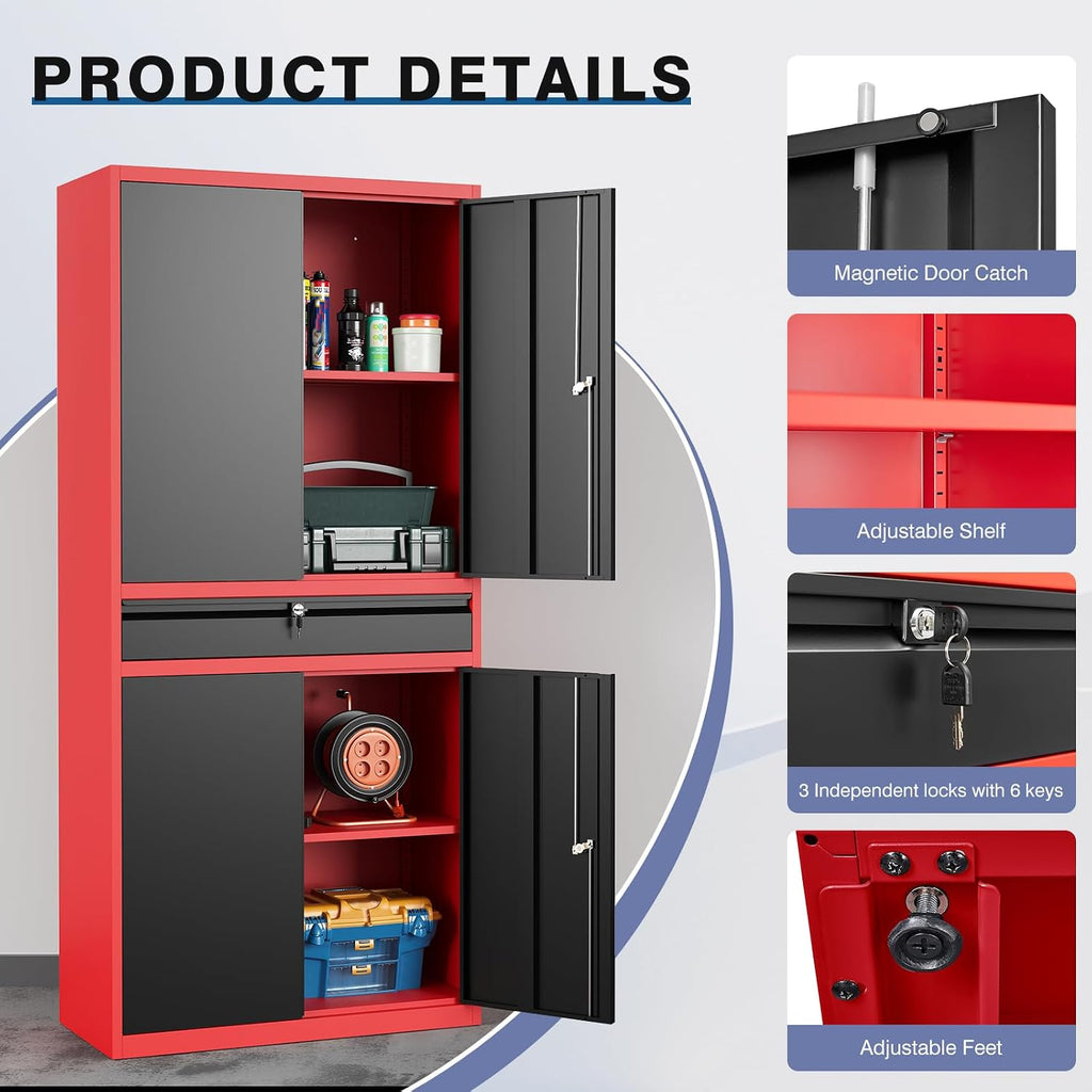 Metal Garage Storage Cabinet with Locking Doors and Drawer, 71' Steel Tool Storage Cabinet with Adjustable Shelves for Garage,Office,Warehouse (Red Black)