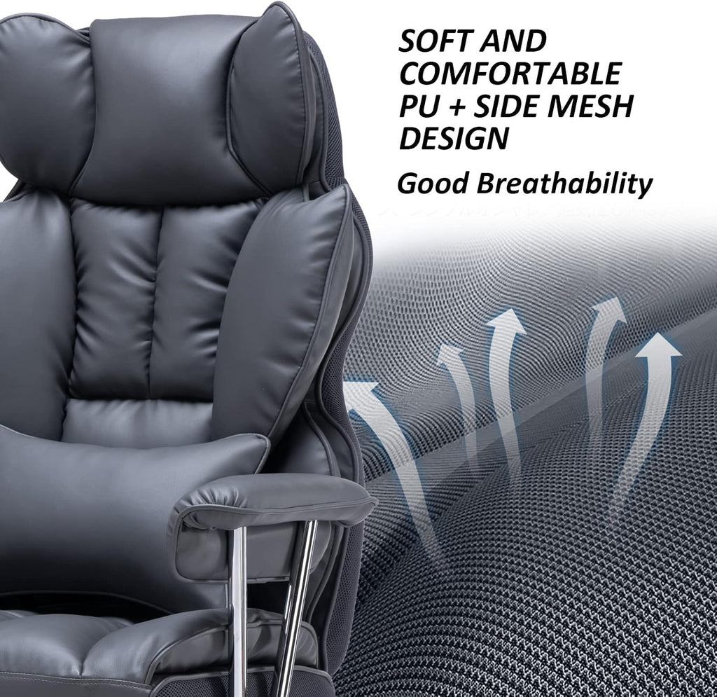 Efomao Big and Tall Office Chair 400lbs – PU Leather Executive Office Chair with Lumbar Support & Leg Rest, Heavy-Duty Computer Chair for Home Office, Dark Grey