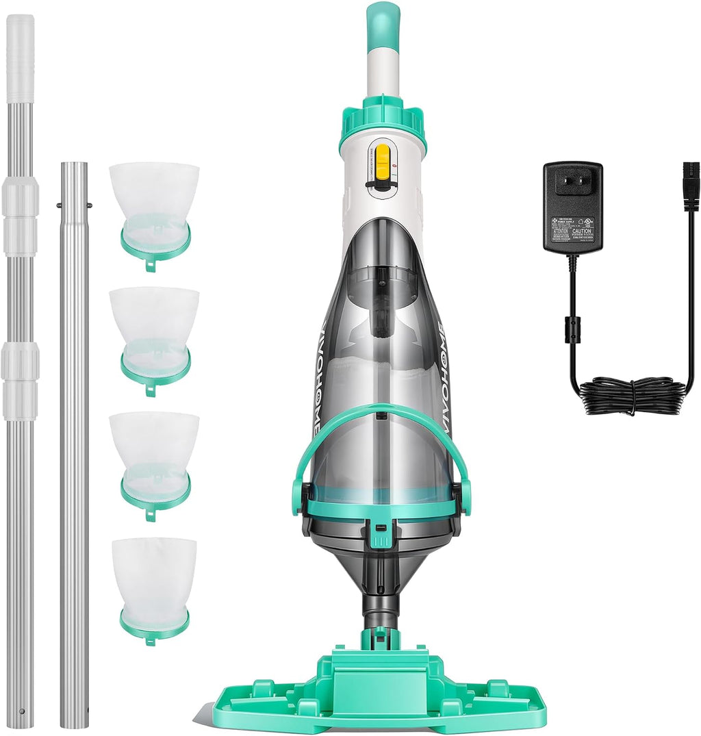 VIVOHOME Handheld Pool Vacuum 1110 GPH Suction Cordless Pool Cleaner 40W Powerful Motor Long-Run 60min Battery, Adjustable 9.12FT Pole for Above Ground & In-Ground Pools, Spas - Green