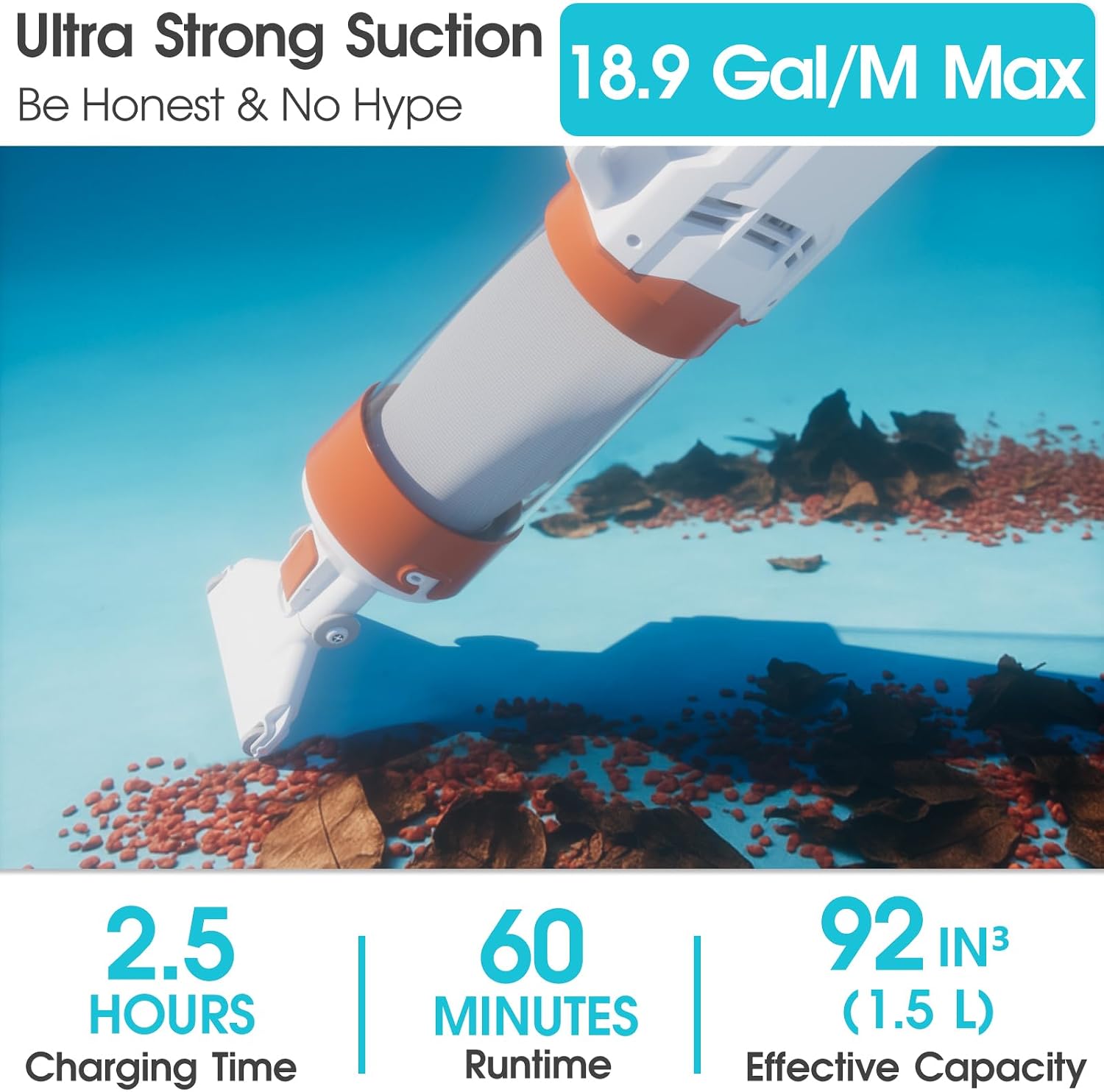Cordless Pool Vacuum-True Powerful Suction 18.9GPM, 130inch, 1H Runtime, 25µm Fluff Ultra Fine Filter,Handheld Rechargeable Hot Tub Cleaner with Poles for Above Ground&Inground Pool